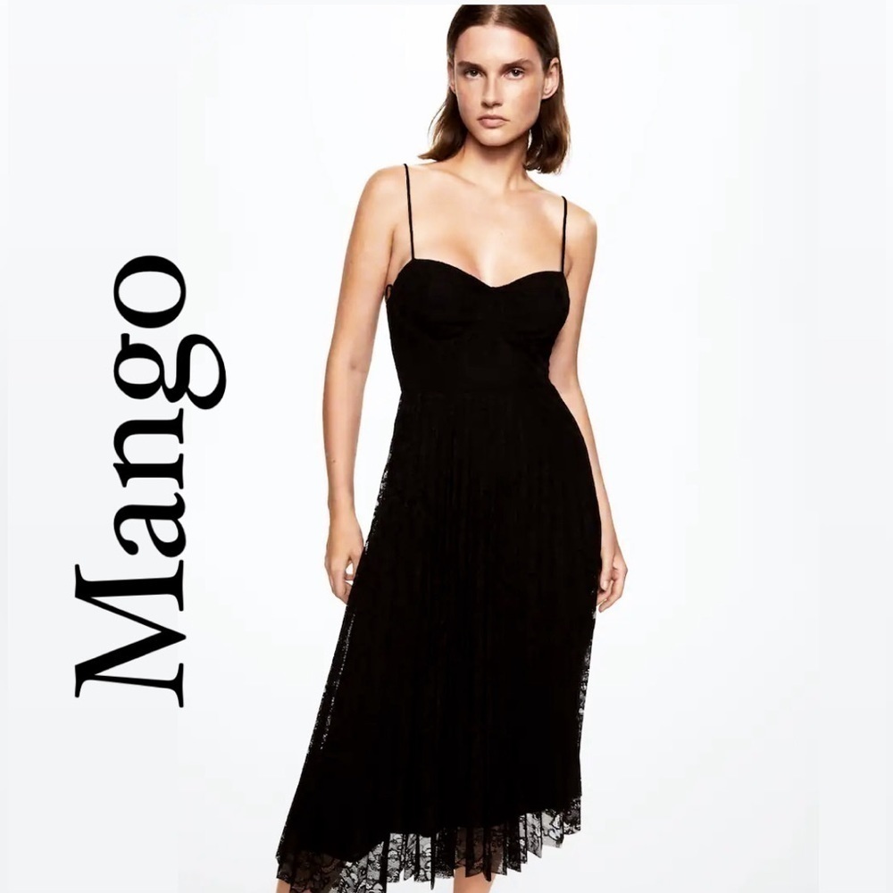 Mango Black Floral Lace Pleated Midi Dress | Cocktail Evening Prom Nude Illusion